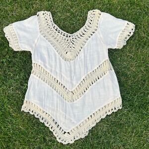 CloudChaser Tunic Top L Women Beige V Neck Boho Hippie 70s Festival Pointed